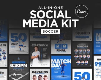 May include: A digital social media kit for soccer featuring various templates with blue and white color schemes. The text includes ALL-IN-ONE SOCIAL MEDIA KIT, SOCCER, STARTING XI, MATCH DAY, and other sports-related graphics and layouts.