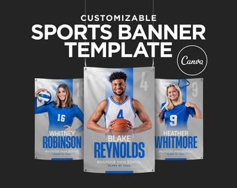 May include: A customizable sports banner template featuring three athletes. The banners display the text "CUSTOMIZABLE SPORTS BANNER TEMPLATE" and the Canva logo. Each banner showcases a different athlete with their name, number, and school information.