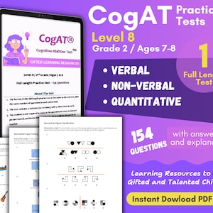 Peut inclure: Un graphique violet et jaune avec le texte "CogAT Practice Tests" et "Level 8 Grade 2 / Ages 7-8". Le graphique comprend également le texte "1 Full Length Test" et "154 Questions with answers and explanations".