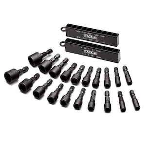 May include: A set of black TACKLIFE brand magnetic nut drivers and holders. The set includes various sizes, with measurements in mm, and is designed for use with power tools. The image is on a white background.