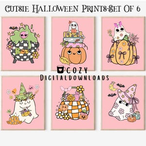 Pink Halloween Wall Art Set Of 6 Cute Pastel Spooky Decor Witchy Ghost Pumpkin Prints Kids Room Halloween Decor Digital Download Playroom