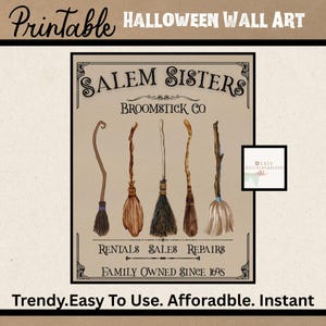 Salem Sisters Broomstick Co Printable | Halloween Witch Decor | Vintage Witchy Wall Art | Spooky Digital Download | Halloween Home Decor