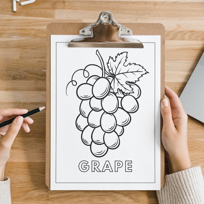 Może przedstawiać: Czarno-biały rysunek pęczka winogron na białym arkuszu papieru przymocowanym do tablicy z klipsem. Pod rysunkiem znajduje się napis "GRAPE".