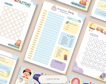 May include: A set of printable Ramadan planner pages with colorful illustrations of people and crescent moons. The pages include a daily planner, a Quran tracker, a fasting tracker, and a checklist. The text on the pages includes "Ramadan Daily Planner", "Quran Tracker", "30 Days Fasting Tracker", "Bismillah!" and "Alhamdulillah!"