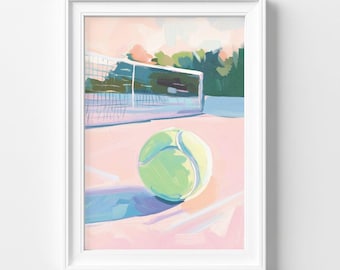 Impresión de arte mural de pelota de tenis en tonos pastel, arte deportivo minimalista, decoración costera de verano, obra de arte en azul claro y rosa, pelota de tenis, pintura de tenis