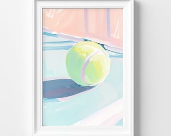 Impresión de arte mural de pelota de tenis en tonos pastel, arte deportivo minimalista, decoración costera de verano, obra de arte en azul claro y rosa, pelota de tenis, pintura de tenis