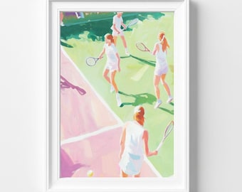 Impresión de arte mural de pelota de tenis en tonos pastel, arte deportivo minimalista, decoración costera de verano, obra de arte en azul claro y rosa, pelota de tenis, pintura de tenis