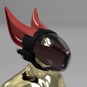May include: A futuristic helmet design with a clear visor, black detailing, and striking red horns. The helmet's glossy finish suggests a high-tech or cosplay aesthetic, with a sleek, modern appearance.