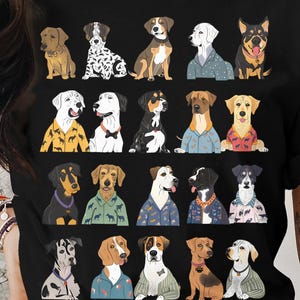 Maglietta con simpatico cane anime, top con colori comodi, maglietta alla moda con razze canine assortite, regalo per amanti dei cani, abbigliamento casual per proprietari di animali domestici