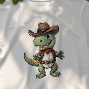 Cute Dinosaur Cowboy T-Shirt, Fun Cartoon T-Rex Shirt, Unique Dino Graphic Tee, Kids Dinosaur Costume Shirt, Boys Girls Dino Outfit
