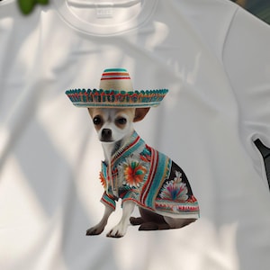 Cute Chihuahua in Festive Costume T-Shirt, Fun Dog Lover Gift Tee, Unique Pet Lover Apparel, Colorful Dog Shirt, Mexican Themed Dog Tee