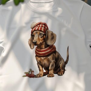 Cute Dachshund with Christmas Hat and Scarf TShirt, Adorable Holiday Dog Lover Graphic Tee, Perfect Festive Wear Gift for Pet Owners