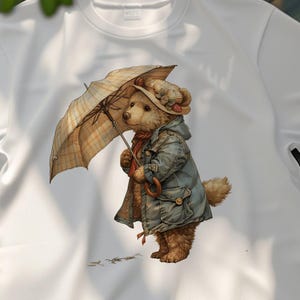 Cute Bear with Umbrella T-Shirt, Cartoon Bear Wearing Coat and Hat T-Shirt, Children&#39;s Animal Drawing T-Shirt, Adorable Bear Art Tee