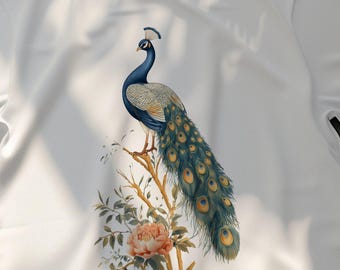 Elegantes Pfau Design T-Shirt, buntes Vogel Kunst T-Shirt, Natur inspiriertes Top, detailliertes Pfau Druck Shirt, einzigartige Tiergrafik