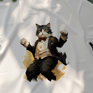 Funny Cat in Suit T-Shirt, Cat Lover Gift, Cute Cat Cartoon Artwork, Stylish Cat Print Tee, Cool Cat Graphic Shirt