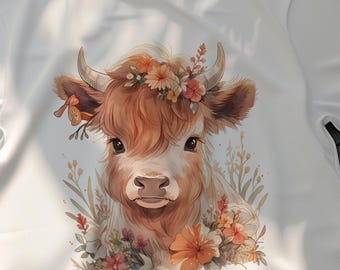 Vintage Highland Kuh Blumen T-Shirt, süße Kuh Blumenkrone T-Shirt, Boho Bauernhof Tier Grafik Shirt, Highland Kuh Liebhaber Geschenk, Natur Kunst
