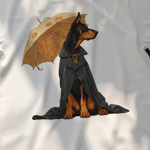 Doberman Dog with Umbrella T-Shirt, Adorable Dog Lovers Gift Shirt, Pet Lover Tee, Funny Animal Graphic Tee, Unique Dog Art T-Shirt