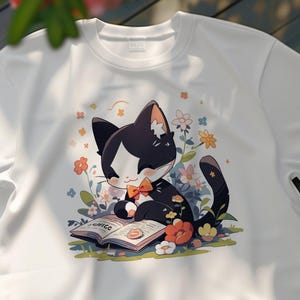 Cute Tuxedo Cat Reading Book Art, Cartoon Kitten with Bow Tie T-shirt, Adorable Cat Lover Gift, Whimsical Feline Design Tee