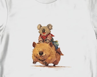 Western Cowboy Koala Riding Capybara Graphic T-Shirt, Unique Australian Themed Tee, Unisex, Wildlife Inspired Fashion, Novelty Gift Shirt