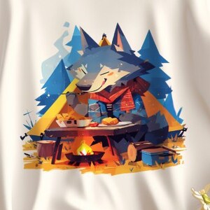 Loup sauvage mangeant au camp t-shirt graphique, t-shirt unisexe inspiré de la nature sauvage, chemise en coton aventure en plein air