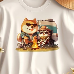 Shiba Inu and Cat Camping Adventure Graphic T-Shirt, Unisex Nature Lover Tee, Dog and Cat Outdoors Hiking Shirt