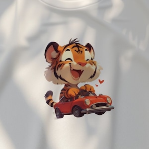 Baby Tiger in Toy Car Graphic T-Shirt, Cute Animal Print Tee, Unisex Child&#39;s Playful Tiger T-Shirt, Casual Trendy Graphic Tee for Kids