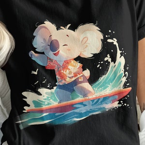 Cute Koala Surfing Graphic T-Shirt, Unisex Casual Summer Tee, Etsy Unique Animal Print Shirt, Australia Inspired Clothing