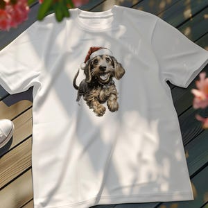 Cute Dachshund Dog with Santa Hat T-Shirt Christmas Puppy Graphic Tee Fun Holiday Pet Lover Gift, Festive Canine Shirt for Men Women