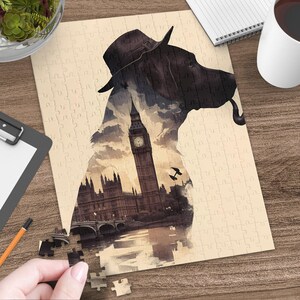 Dog Puzzle, Black Labrador Wearing Hat and Pipe, Big Ben London Scene, Jigsaw Puzzle for Adults and Kids, 30 100 200 500 1000 Pieces