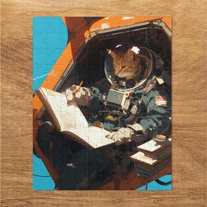 May include: A completed jigsaw puzzle featuring a cat in an astronaut suit writing in a notebook. The cat is inside a spacecraft with an orange interior and a blue background. The puzzle is on a wooden surface.
