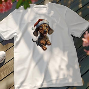 Cute Dachshund Wearing Santa Hat Christmas T-Shirt, Adorable Sausage Dog Holiday Tee, Festive Holiday Wear for Dog Lovers