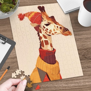 Fun Giraffe Puzzle for Adults and Kids, Giraffe in Beanie and Sweater, Available in 30 100 200 500 and 1000 Pieces, Great Gift Idea