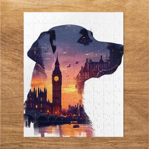London Skyline Dog Puzzle, 30 110 252 520 Pieces, Black Labrador Dog Puzzle for Adults and Kids, Unique Animal Jigsaw Puzzle