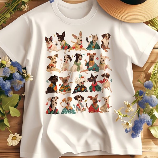 Cute Anime Dogs Group T-Shirt | Colorful Cartoon Dogs Comfort Colors Top | Unique Animal Illustration Casual Fashion | Pet Lovers Gift Idea