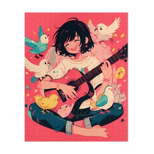 Fun Animal Puzzle for Kids and Adults 30 to 1000 Pieces, Cartoon Girl Playing Guitar, Colorful Birds Enjoying Music, Family Activity