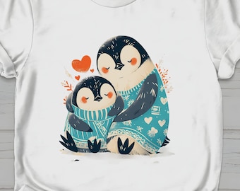 T-shirt enfant câlin maman pingouin, cadeau spécial fête des mères, t-shirt amoureux des animaux, haut unique design amour maternel