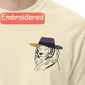 Tijger met stijlvol hoedgeborduurd shirt, unisex mode-T-shirt, eigenzinnige dierendesign top, casual streetwear