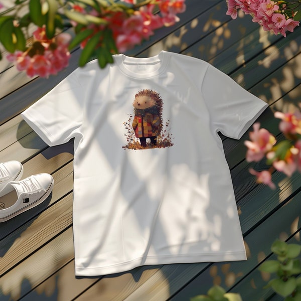 T-shirt graphique hérisson en écharpe, t-shirt à imprimé animal mignon, tenue décontractée amusante et unique