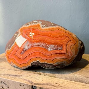 May include: A polished agate stone with vibrant orange, red, and brown banding. The natural stone features a white crystalline pocket and a smooth, rounded shape. This decorative stone is a unique home decor item.