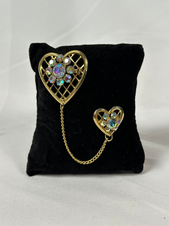 Vintage Double Heart Aurora Borealis Brooch