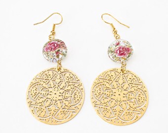 Pendientes románticos de estilo bohemio, con flor de rosa de filigrana dorada y acero inoxidable: joyería ligera de verano para mujer.