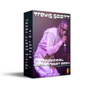 May include: A product box featuring Travis Scott with the text "TRAVIS SCOTT" at the top. The box also displays "THE OFFICIAL VOCAL PRESET PACK" and "Producerkits". The image shows Travis Scott holding a microphone.