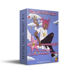 May include: A blue and pink box with the text "Sofaygo Vocal Preset Mix" and "The Official Vocal Preset Pack" on the front. The box features a cartoon illustration of a person with pink hair playing a pink guitar.