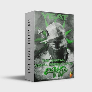 May include: A product box featuring a grayscale image of a person wearing a baseball cap. The box has green accents and text that reads "YEAT VOCAL PRESET MIX" and "THE OFFICIAL VOCAL PRESET PACK". The word "2ALIVE" is also visible.