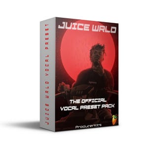 May include: A product box featuring a red background with the text "JUICE WRLD" in white. The box also displays the text "THE OFFICIAL VOCAL PRESET PACK" and a picture of a person. The ProducerKits logo is at the bottom.