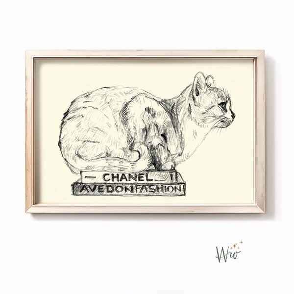 Cat Print Wall Art, Boho Cat Drawing Wall Art, Vintage Cat Print, Cat Printable Poster, Animal Boho Print, Antique Fashion Books Cat Print