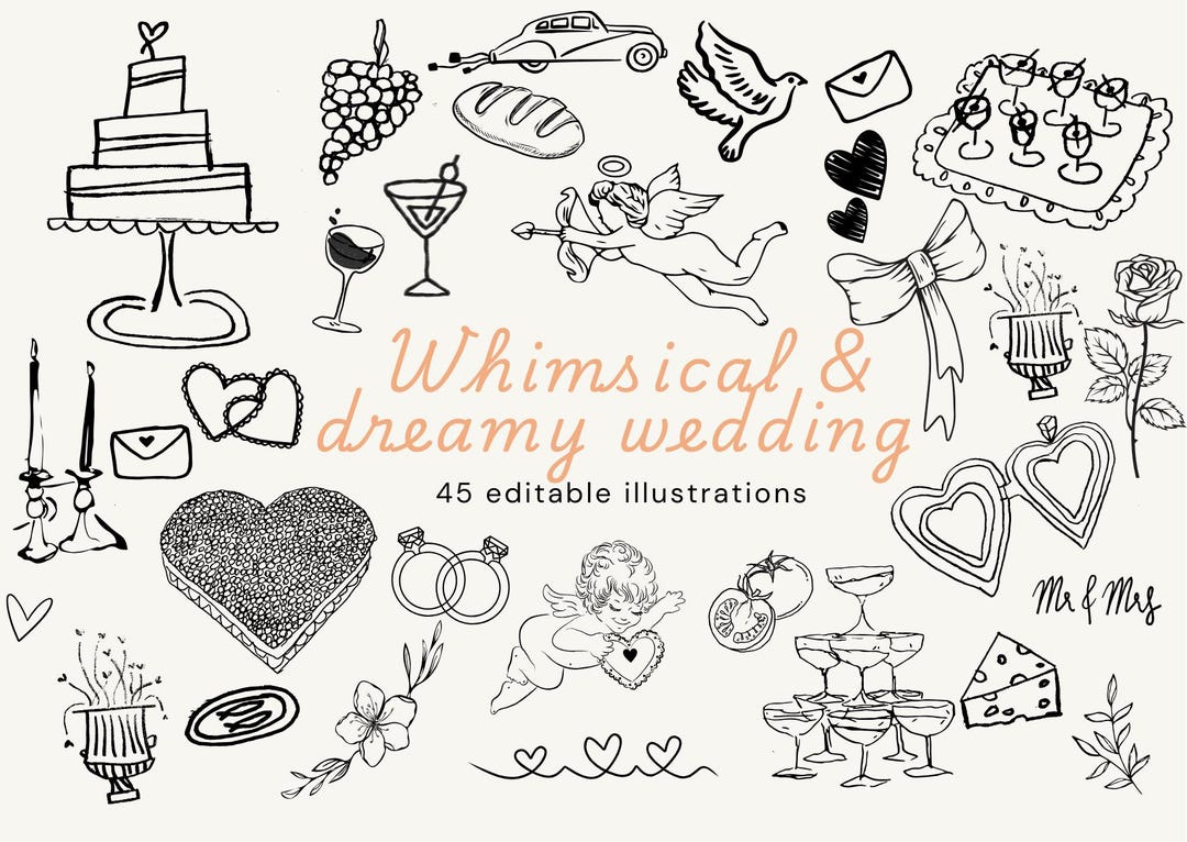 Hand Drawn Whimsical Wedding Illustrations Bundle, Wedding Icons for ...