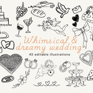 Hand Drawn Whimsical Wedding Illustrations Bundle, Wedding Icons for Invitations, Editable in Canva, Quirky Wedding Doodles, Dreamy