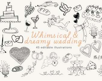 Hand Drawn Whimsical Wedding Illustrations Bundle, Wedding Icons for Invitations, Editable in Canva, Quirky Wedding Doodles, Dreamy