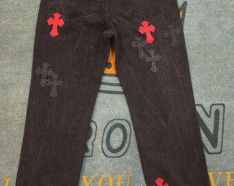 Black and red cross jeans, punk high street jeans, chrome style jeans, teen jeans